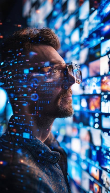 man looking at thousands of images high tech