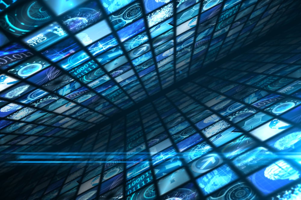 Digitally generated Walls of digital screens in blue